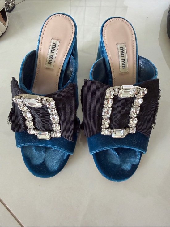 Miu Miu Shoes - Miu Miu Teal Velvet Crystal-Buckle Bow Mules
